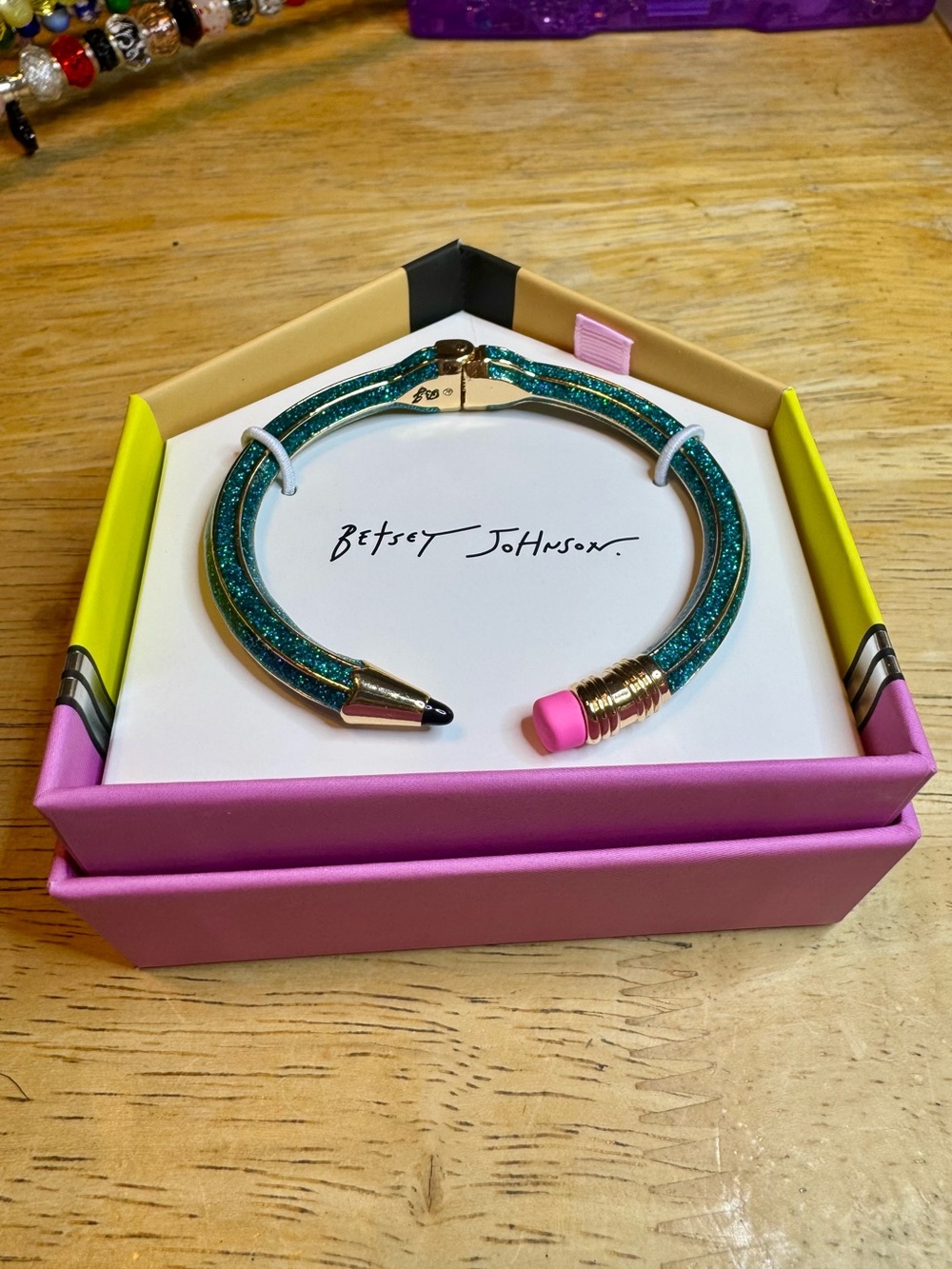 Betsey Johnson Teal Glitter Pencil Bracelet with Pink Eraser Accent